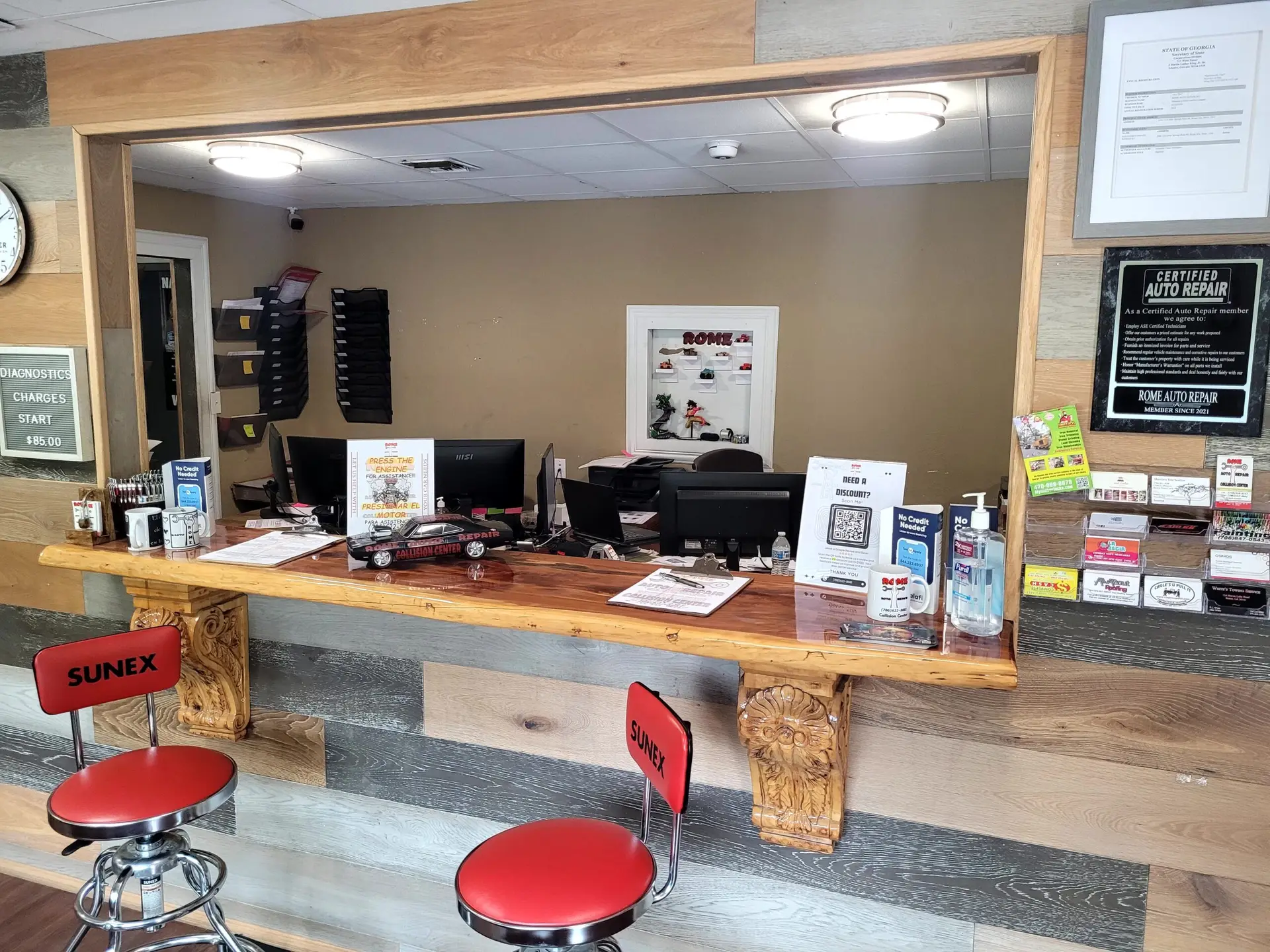 The clean and comfortable customer waiting reception area at our local shop.